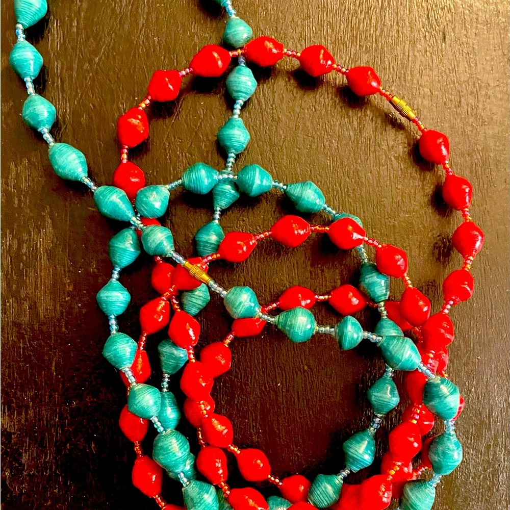A set of two hand-made paper bead necklaces - red and turquoise